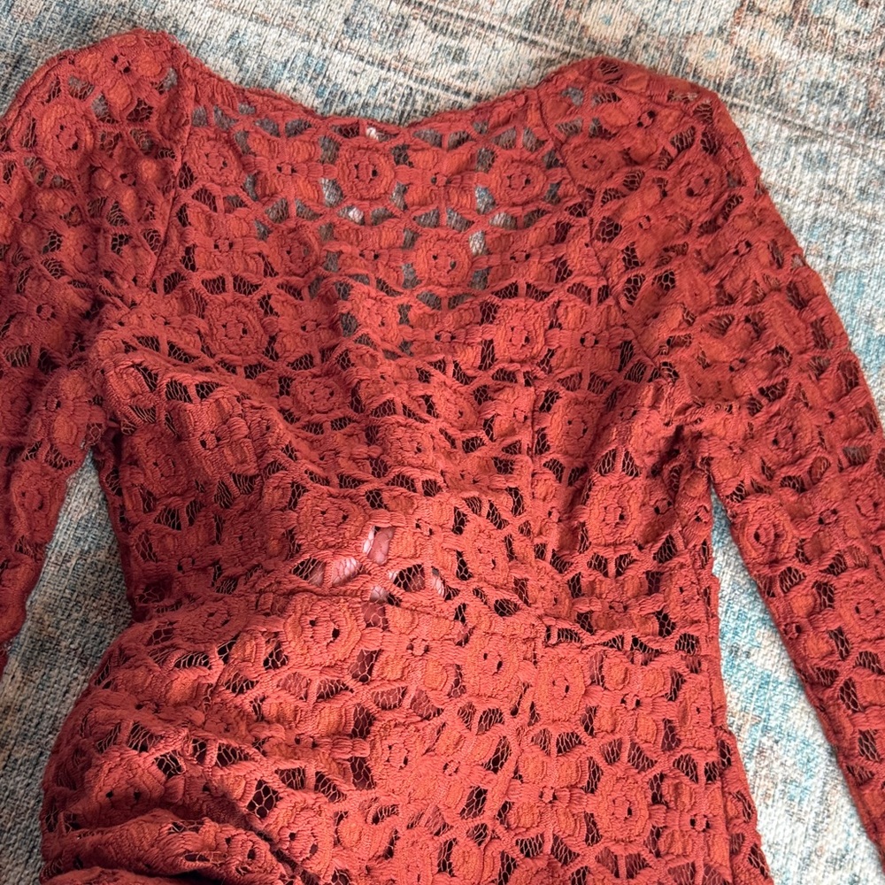 Free People Terracotta Lace Crotched Mini Dress Bell Sleeves Slim Fit -2 - Picture 14 of 14